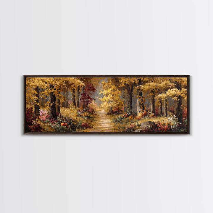Autumn Forest Road Framed Canvas Print, Traditional Art, Minimalist Decor, Living Room Decor, Oil Painting, Classic, Boho, TRA-3x1-56