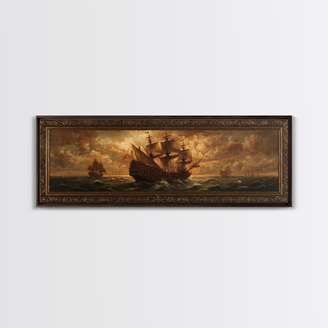 Ship at Sea Canvas Print, Traditional Art, Indian Decor, Living Room Decor, Fine Art, Classic, Luxury Decor, Textured Painting, TRA-3x1-6