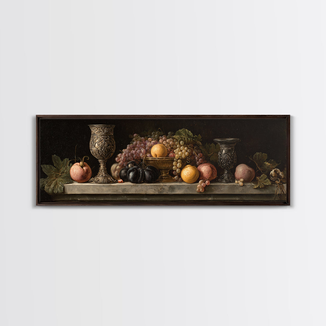 Dutch Fruit and Silver Goblet Still Life Framed Canvas Print, Traditional Art, Living Room Decor, Watercolor Art, Classic, TRA-3x1-68