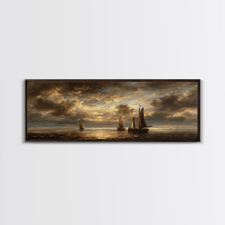 Seascape with Sailboats and Cloudy Sky Framed Canvas Print, Traditional Art, Gallery Decor, Living Room Decor, Classic, TRA-3x1-69