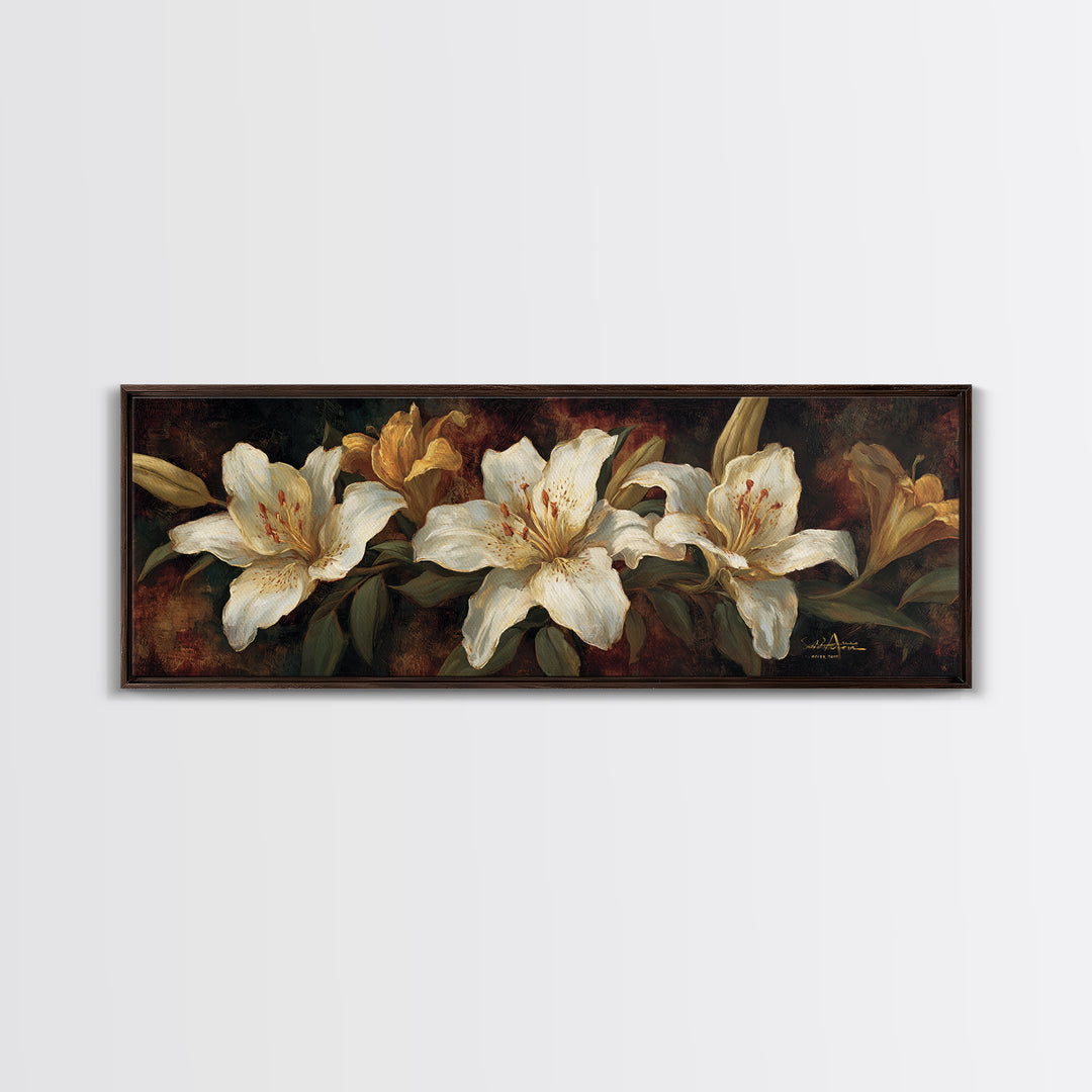 White Lilies on Dark Background Framed Canvas Print, Traditional Art, Statement Artwork, Living Room Decor, Fine Art, Classic, TRA-3x1-7