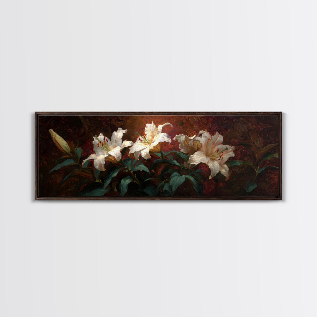 White Lilies on Dark Background Framed Canvas Print, Traditional Art, Digital Print, Living Room Decor, Oil Painting, Classic, TRA-3x1-79