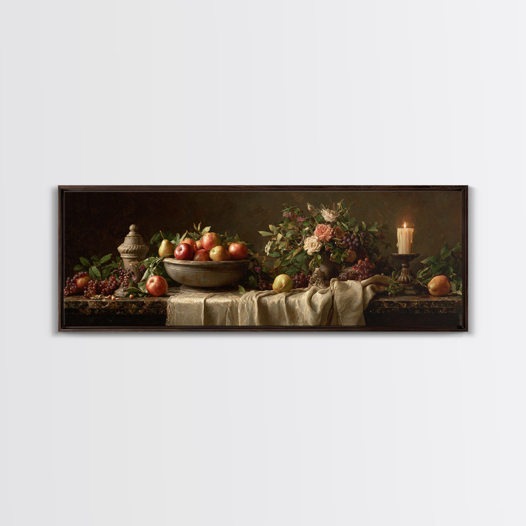 Basket of Apples and Pears on Linen Framed Canvas Print, Traditional Art, Art Commissions, Living Room Decor, Fine Art, Classic, TRA-3x1-82