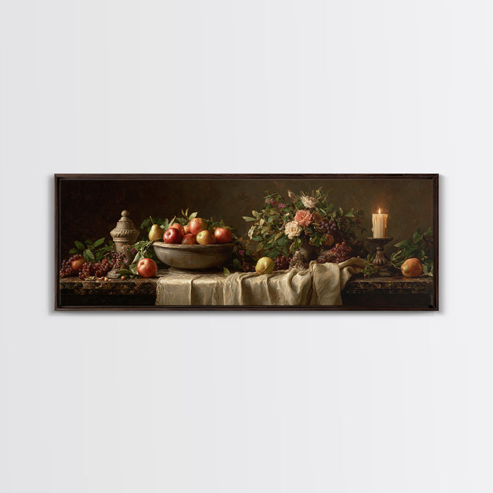 Basket of Apples and Pears on Linen Framed Canvas Print, Traditional Art, Art Commissions, Living Room Decor, Fine Art, Classic, TRA-3x1-82