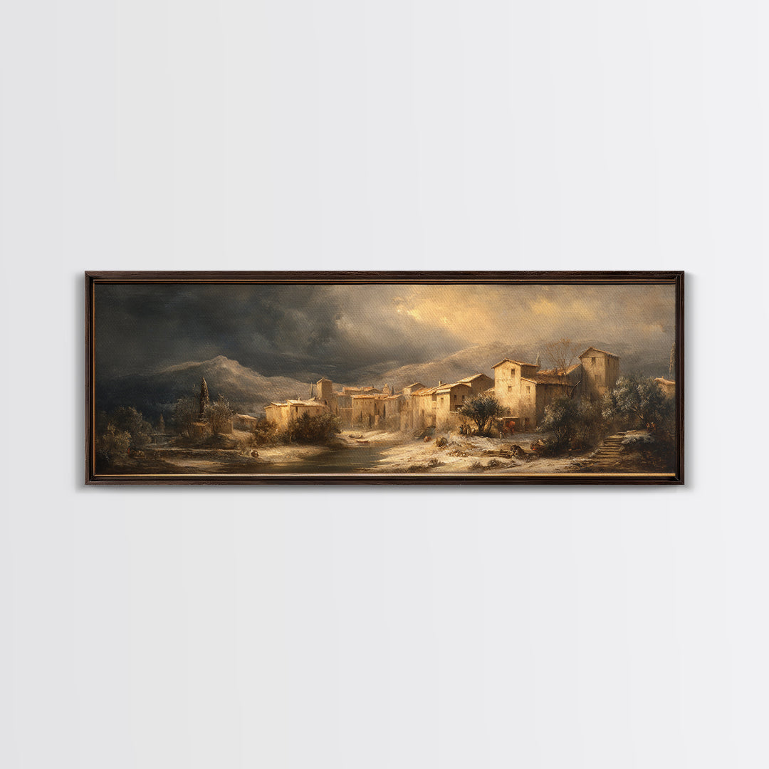 Snowy Village Landscape at Twilight Canvas Print, Traditional Art, Art Commission, Living Room Decor, Fine Art, Classic, TRA-3x1-83
