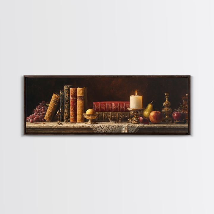 Still Life of Books Candle and Fruit Framed Canvas Print, Traditional Art, Painting, Living Room Decor, Fine Art, Classic, TRA-3x1-84