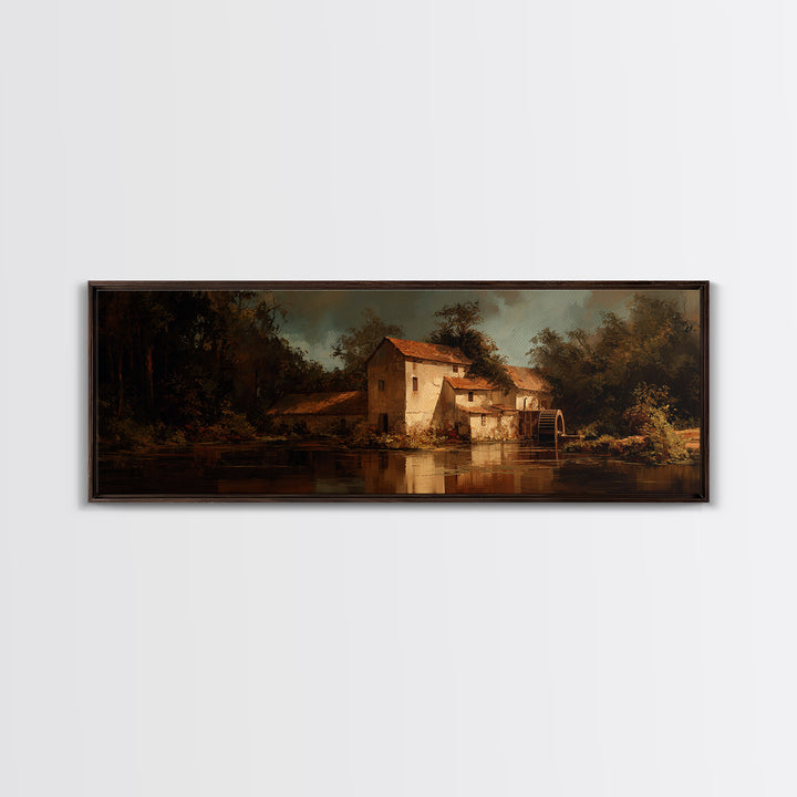 Watermill Beside a Quiet Stream Framed Canvas Print, Traditional Art, Living Room Decor, Fine Art, Classic, Dark Art, TRA-3x1-9