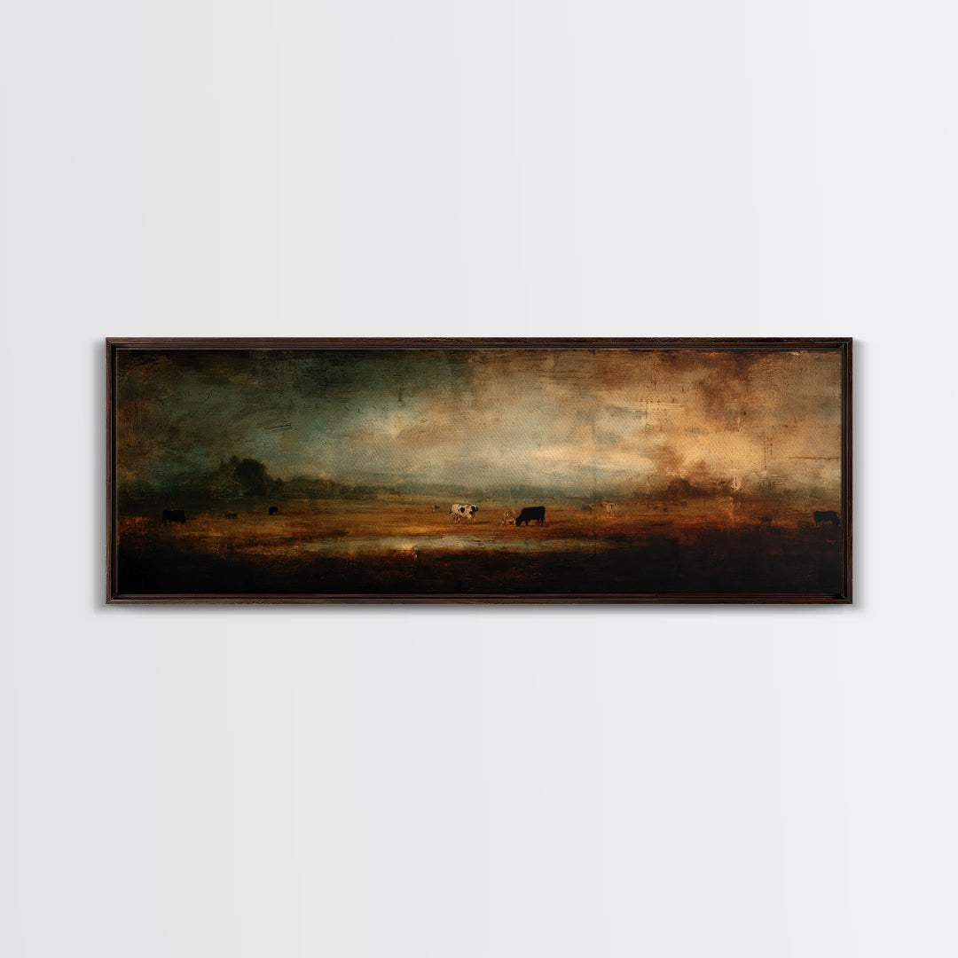 Pastoral Countryside with Cows in Field Canvas Print, Traditional Art, Art Print, Living Room Decor, Oil Painting, Classic, TRA-3x1-95