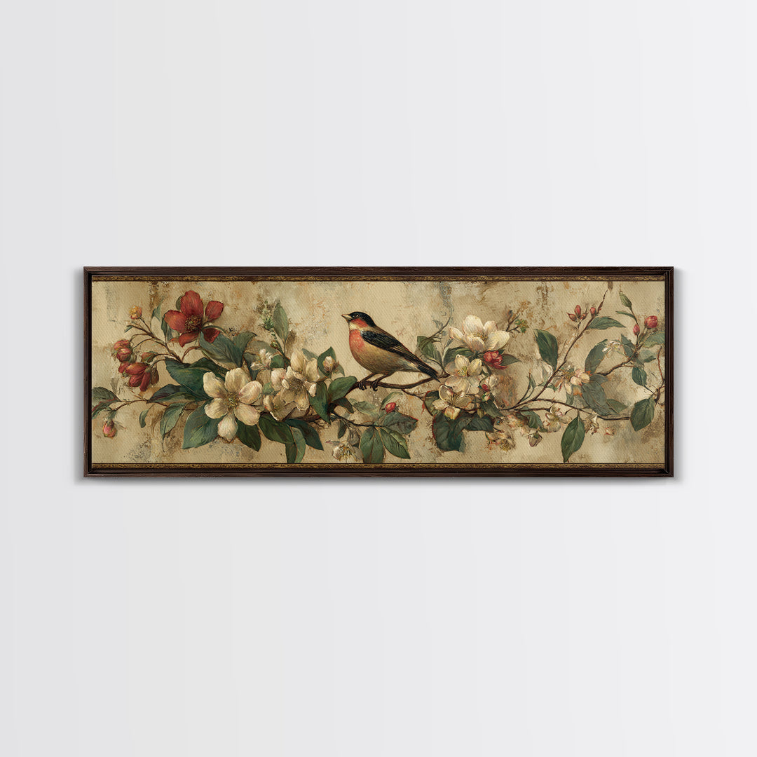 Bird Study on a Flowering Branch Canvas Print, Traditional Art, Indian Art, Living Room Decor, Oil Painting, Classic, TRA-3x1-98
