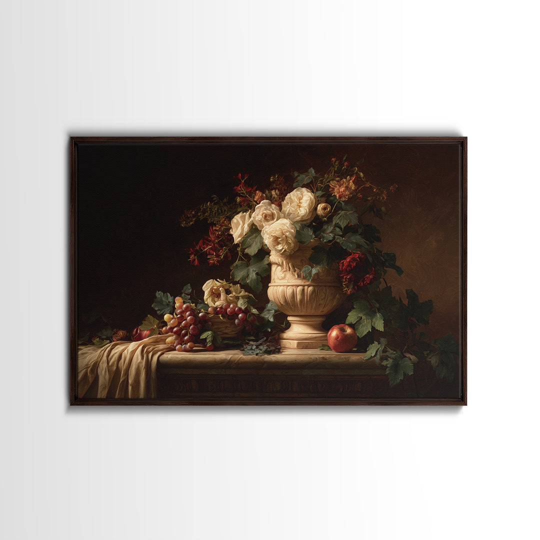 Garden Urn with Roses and Ivy Framed Canvas Print, Traditional Art, Wall Art, Living Room Decor, Watercolor Art, Classic, TRA-3x2-100