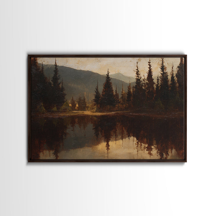 Mountain Lake with Pine Forest Reflection Framed Canvas Print, Traditional Art, Indian Wall Art, Living Room Decor, Classic, TRA-3x2-13