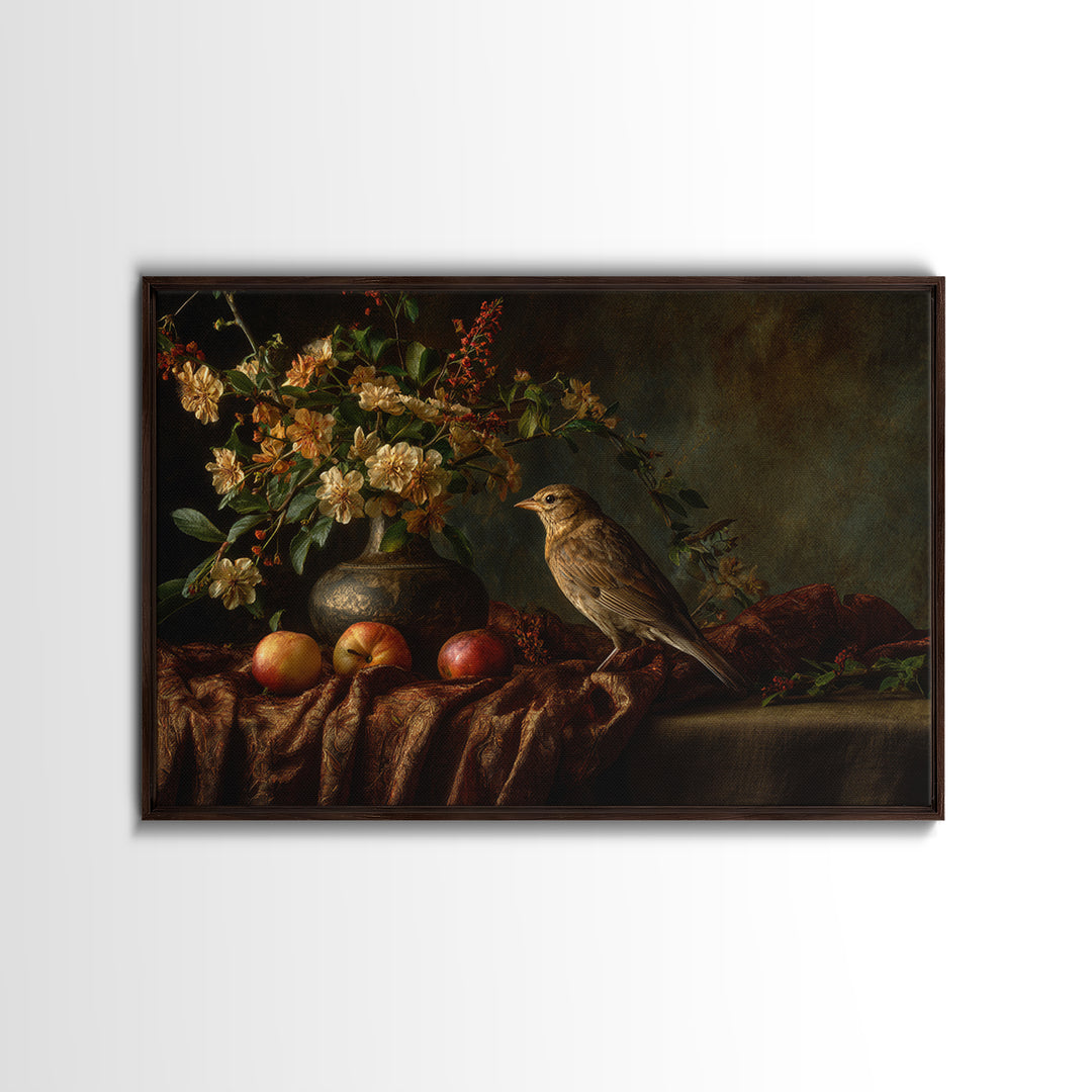Bird Study on a Flowering Branch Framed Canvas Print, Traditional Art, Artwork, Living Room Decor, Oil Painting, Classic, TRA-3x2-14