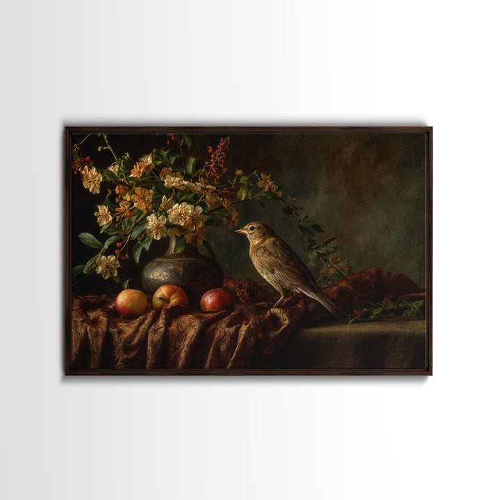 Bird Study on a Flowering Branch Framed Canvas Print, Traditional Art, Artwork, Living Room Decor, Oil Painting, Classic, TRA-3x2-14