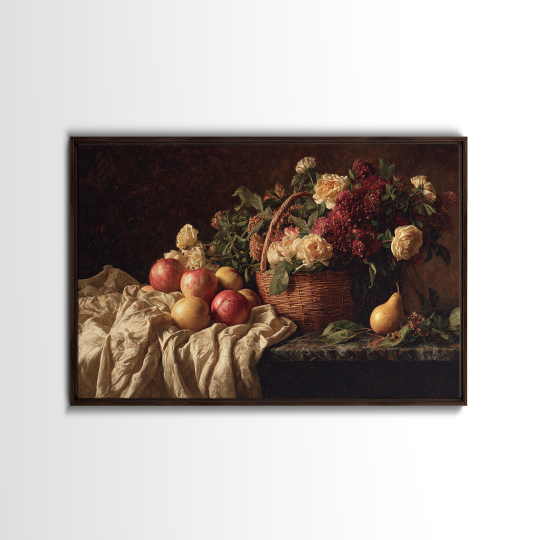 Basket of Apples and Pears on Linen Canvas Print, Traditional Art, Digital Print, Living Room Decor, Abstract Art, Classic, TRA-3x2-22