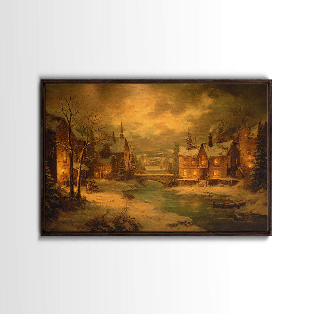 Snowy Village Landscape at Twilight Framed Canvas Print, Traditional Art, Indian Art, Living Room Decor, Oil Painting, Classic, TRA-3x2-23