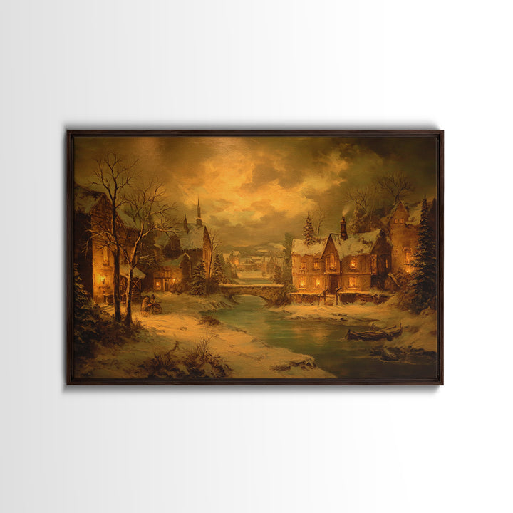 Snowy Village Landscape at Twilight Framed Canvas Print, Traditional Art, Indian Art, Living Room Decor, Oil Painting, Classic, TRA-3x2-23