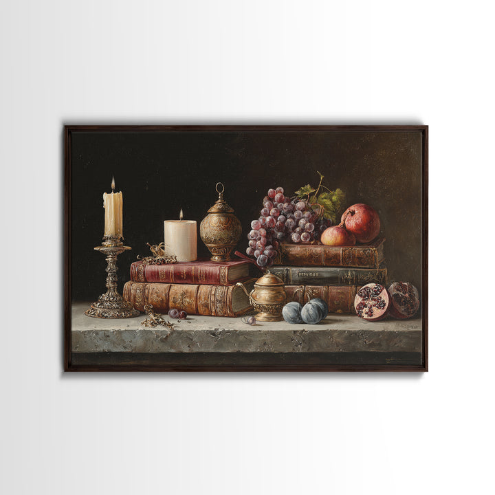 Still Life of Books Candle and Fruit Framed Canvas Print, Traditional Art, Indian Decor, Living Room Decor, Fine Art, Classic, TRA-3x2-24