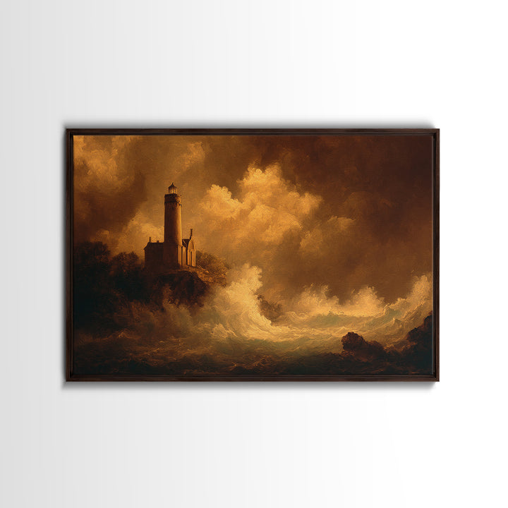 Lighthouse with Crashing Waves Framed Canvas Print, Traditional Art, Landscape, Living Room Decor, Abstract Art, Classic, TRA-3x2-25