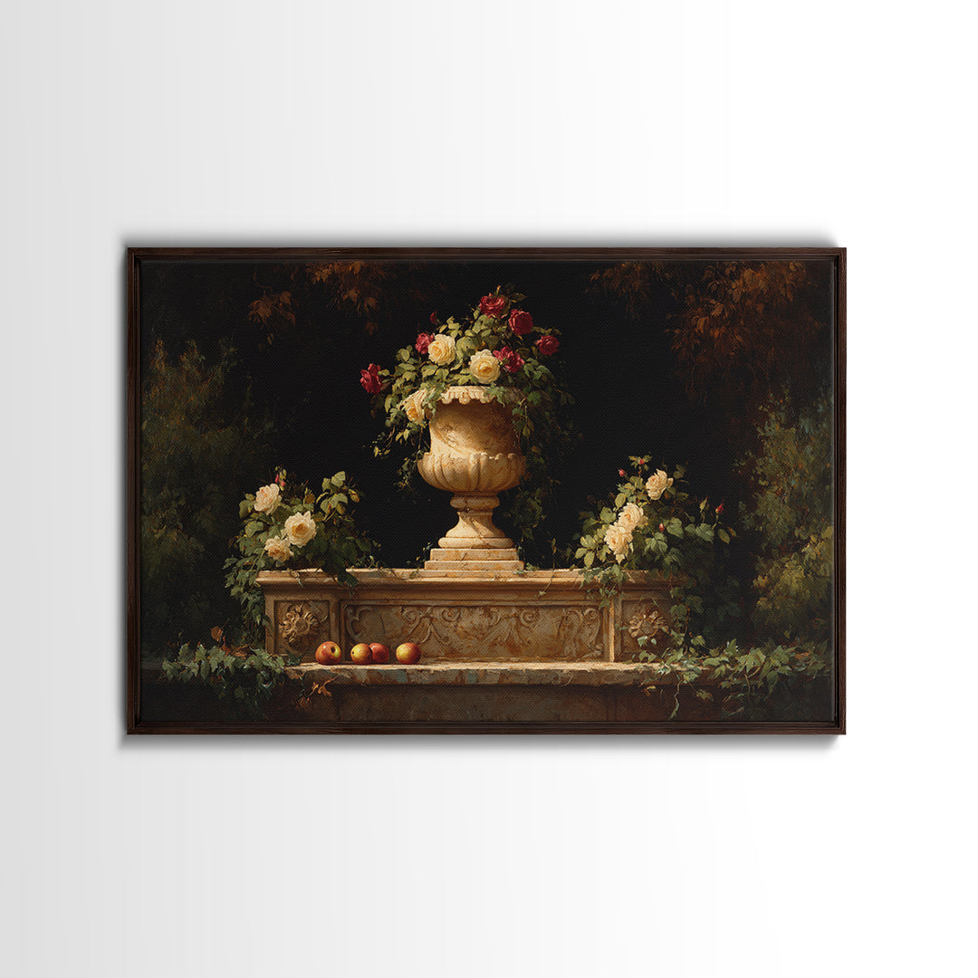 Garden Urn with Roses and Ivy Framed Canvas Print, Traditional Art, Custom Art, Living Room Decor, Fine Art, Classic, TRA-3x2-28