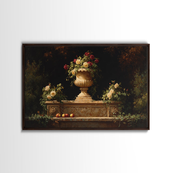 Garden Urn with Roses and Ivy Framed Canvas Print, Traditional Art, Custom Art, Living Room Decor, Fine Art, Classic, TRA-3x2-28