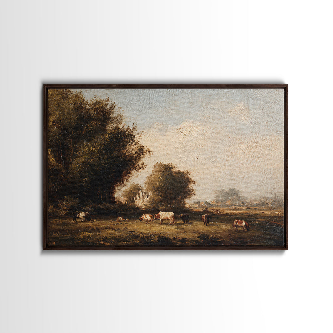 Pastoral Countryside with Cows in Field Framed Canvas Print, Traditional Art, Room Decor, Living Room Decor, Fine Art, Classic, TRA-3x2-35