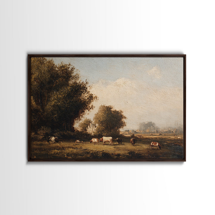Pastoral Countryside with Cows in Field Framed Canvas Print, Traditional Art, Room Decor, Living Room Decor, Fine Art, Classic, TRA-3x2-35