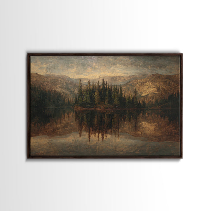 Mountain Lake with Pine Forest Reflection Canvas Print, Traditional Art, Dark Art, Living Room Decor, Fine Art, Classic, TRA-3x2-37