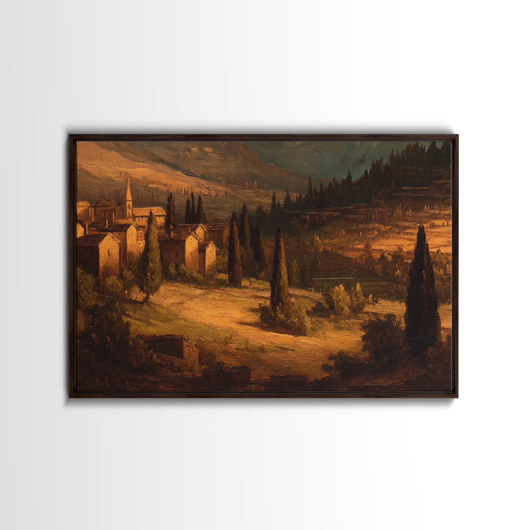 Snowy Village Landscape at Twilight Framed Canvas Print, Traditional Art, Art Print, Living Room Decor, Fine Art, Classic, TRA-3x2-47