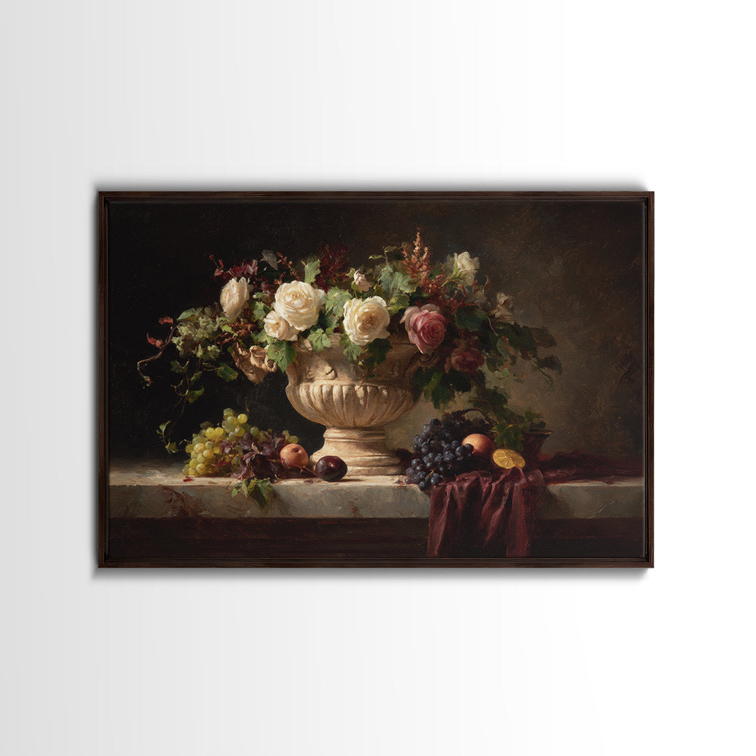 Garden Urn with Roses and Ivy Canvas Print, Traditional Art, Landscape, Living Room Decor, Fine Art, Classic, Textured Painting, TRA-3x2-52