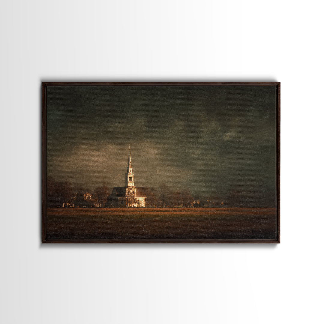 Church Steeple Across Rural Meadow Framed Canvas Print, Traditional Art, Pokemon Poster, Living Room Decor, Watercolor Art, TRA-3x2-65