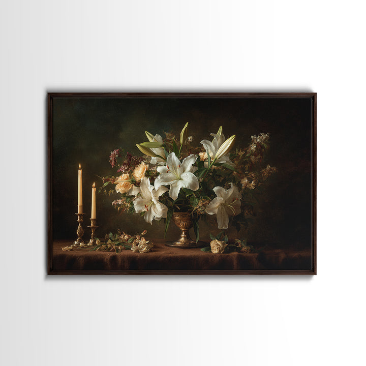 White Lilies on Dark Background Canvas Print, Traditional Art, Canvas, Living Room Decor, Watercolor Art, Classic, Furry Art, TRA-3x2-67