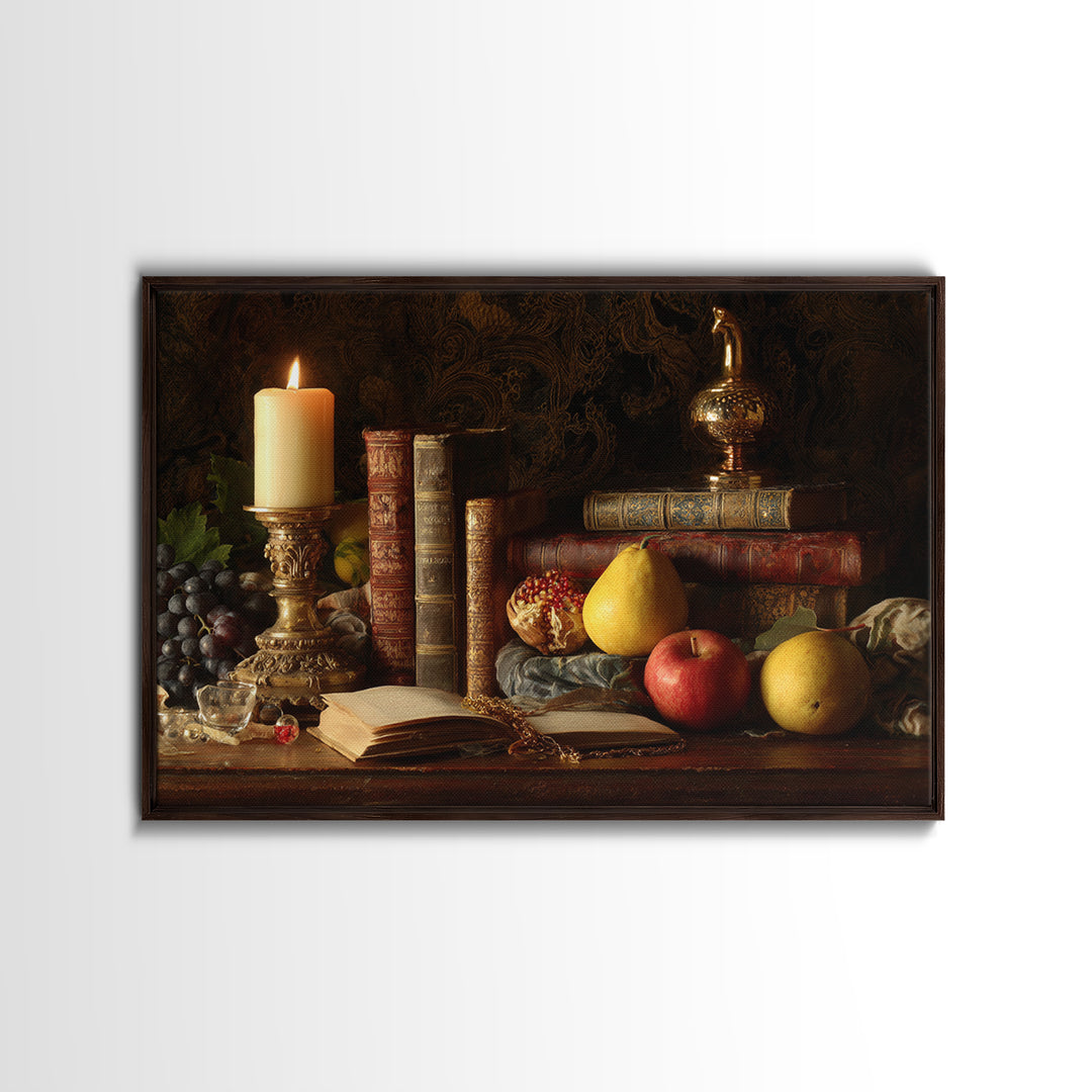 Still Life of Books Candle and Fruit Canvas Print, Traditional Art, Contemporary Art, Living Room Decor, Fine Art, Classic, TRA-3x2-72