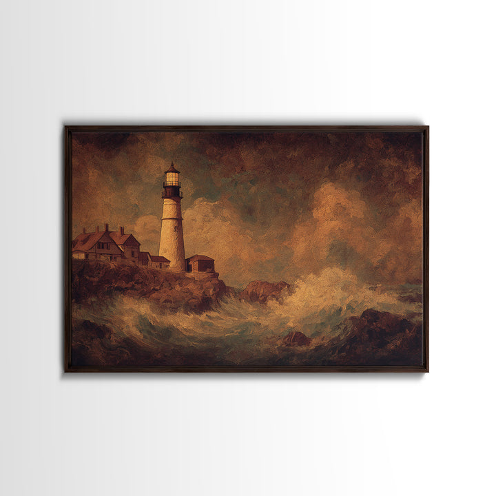 Lighthouse with Crashing Waves Canvas Print, Traditional Art, Neutral Decor, Living Room Decor, Fine Art, Classic, Home Decor, TRA-3x2-73