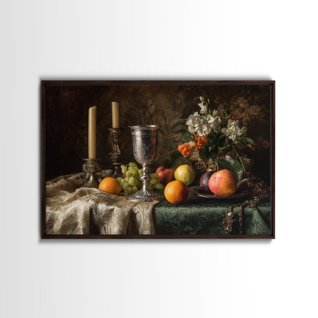 Dutch Fruit and Silver Goblet Still Life Framed Canvas Print, Traditional Art, Living Room Decor, Watercolor Art, Classic, TRA-3x2-80