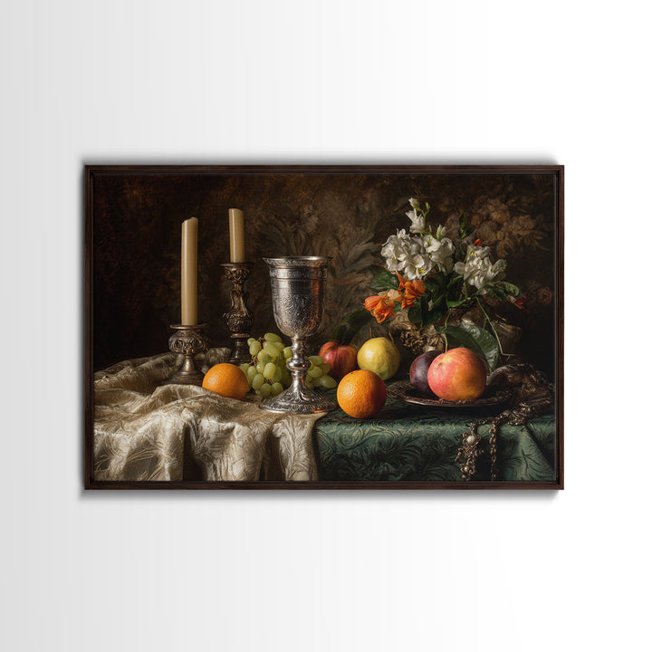 Dutch Fruit and Silver Goblet Still Life Framed Canvas Print, Traditional Art, Living Room Decor, Watercolor Art, Classic, TRA-3x2-80