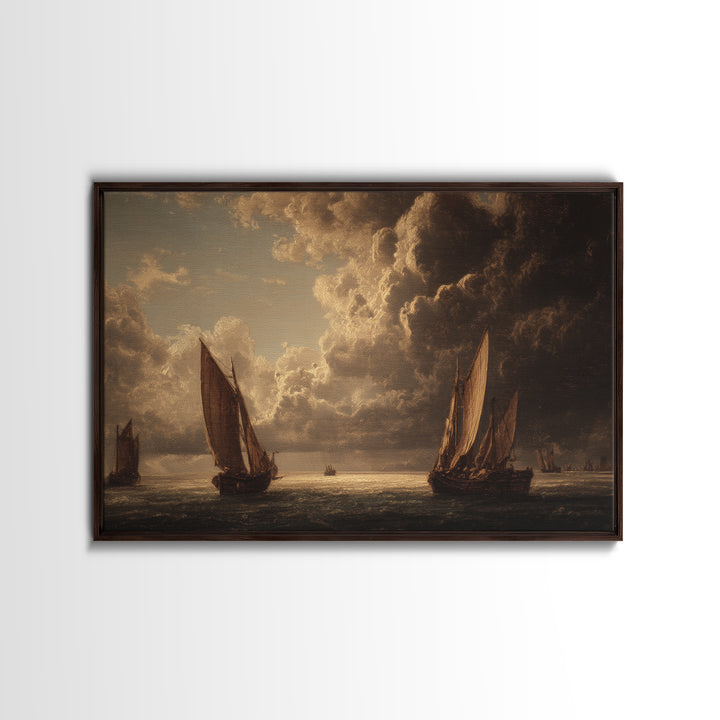 Seascape with Sailboats and Cloudy Sky Framed Canvas Print, Traditional Art, Watercolor Art, Living Room Decor, Classic, TRA-3x2-9