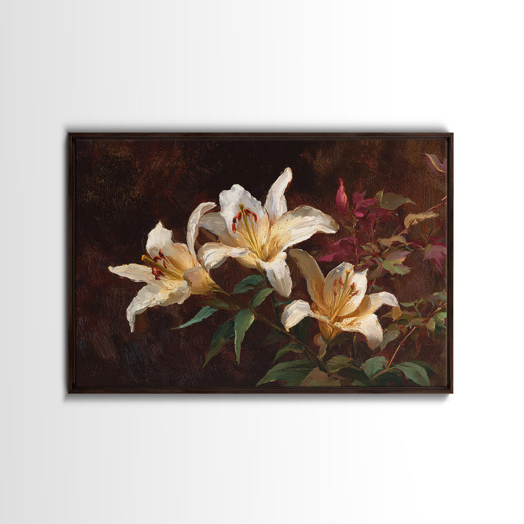 White Lilies on Dark Background Framed Canvas Print, Traditional Art, Digital Print, Living Room Decor, Oil Painting, Classic, TRA-3x2-91