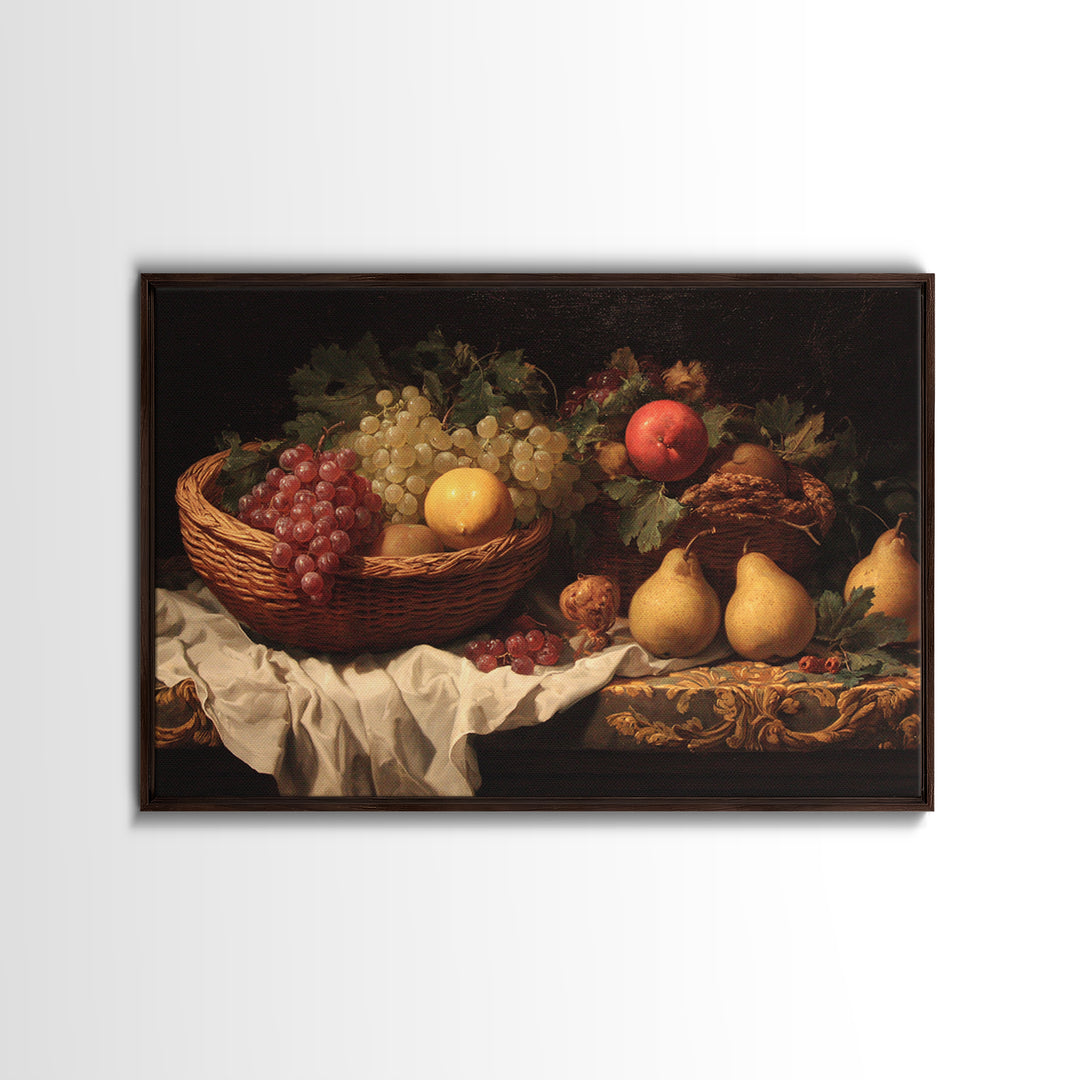 Basket of Apples and Pears on Linen Canvas Print, Traditional Art, Landscape, Living Room Decor, Fine Art, Classic, TRA-3x2-94