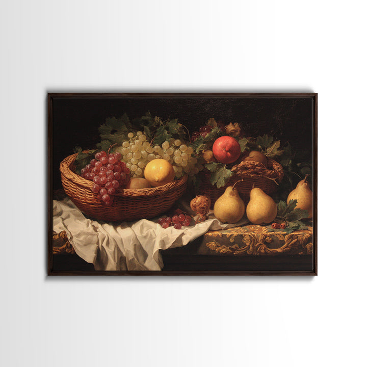 Basket of Apples and Pears on Linen Canvas Print, Traditional Art, Landscape, Living Room Decor, Fine Art, Classic, TRA-3x2-94