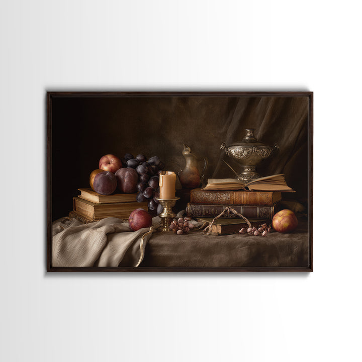 Still Life of Books Candle and Fruit Framed Canvas Print, Traditional Art, Painting, Living Room Decor, Fine Art, Classic, TRA-3x2-96
