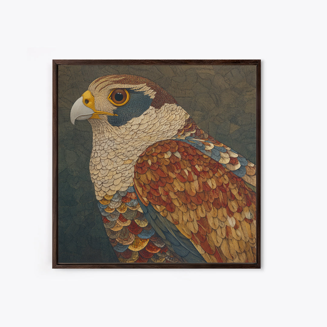 Totemic Bird with Patterned Wings Framed Canvas Print, Tribal Art, Earthy, Living Room Decor, Abstract Art, Tribal, TRI-1x1-72