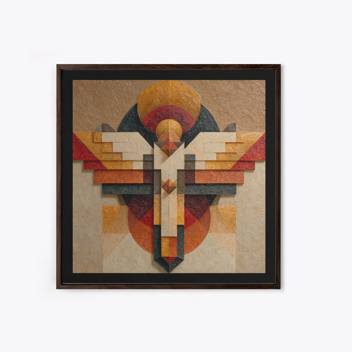Eagle Totem with Feathers and Geometric Shapes Framed Canvas Print, Tribal Art, Tribal Design, Living Room Decor, Tribal, TRI-1x1-84