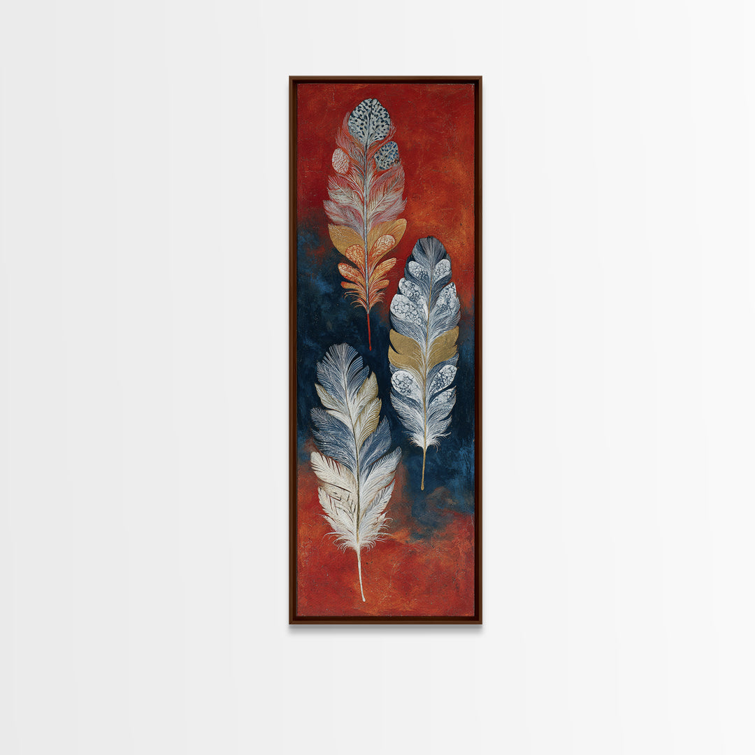 Feather Arrangement with Red Ochre Background Canvas Print, Tribal Art, Neutral Decor, Living Room Decor, Oil Painting, Tribal, TRI-1x3-55