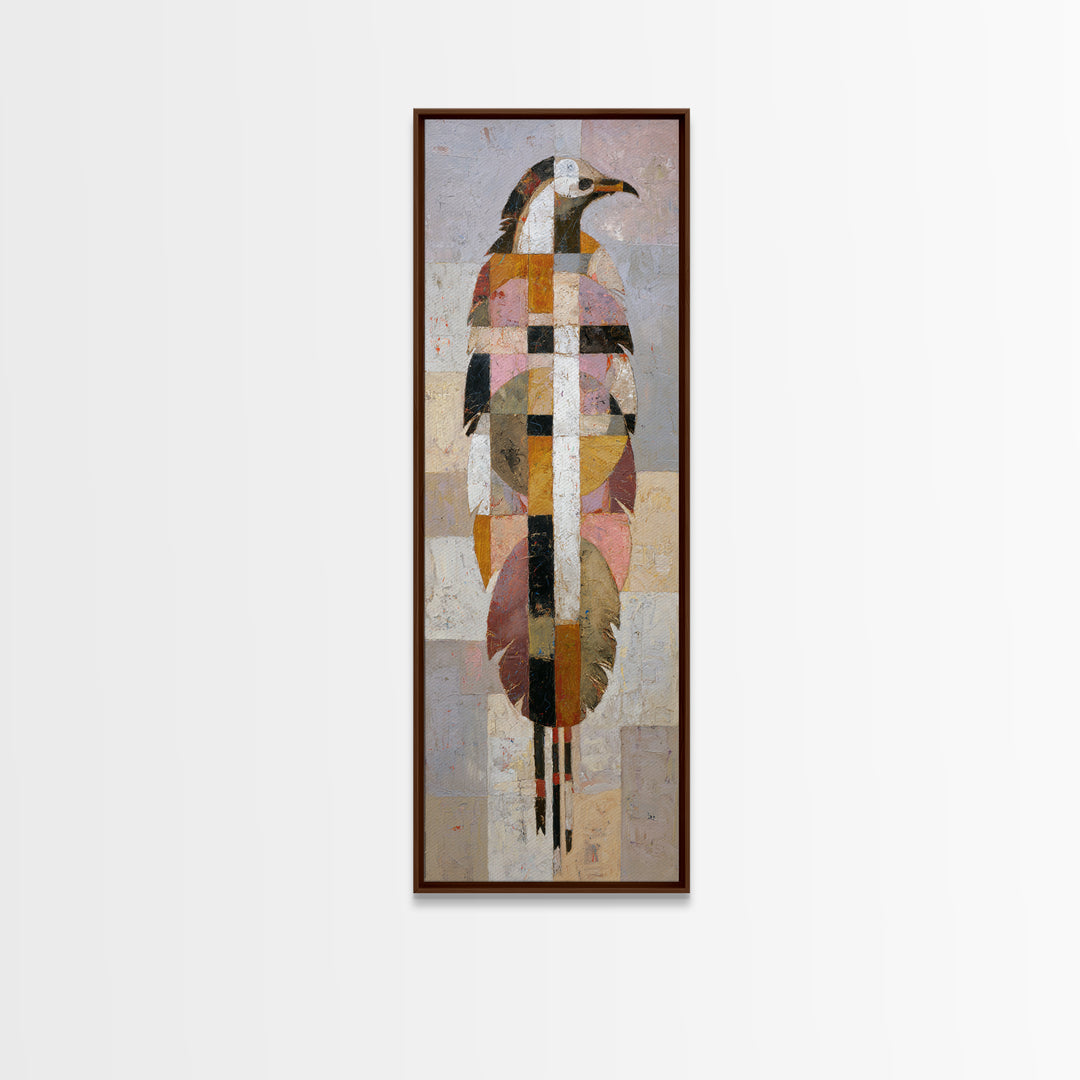 Eagle Totem with Feathers and Geometric Shapes Framed Canvas Print, Tribal Art, Statement Artwork, Living Room Decor, Tribal, TRI-1x3-96