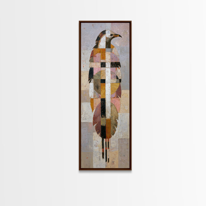 Eagle Totem with Feathers and Geometric Shapes Framed Canvas Print, Tribal Art, Statement Artwork, Living Room Decor, Tribal, TRI-1x3-96