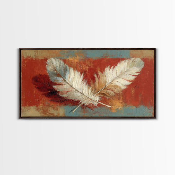 Feather Arrangement with Red Ochre Background Framed Canvas Print, Tribal Art, Living Room Decor, Watercolor Art, Tribal, TRI-2x1-15