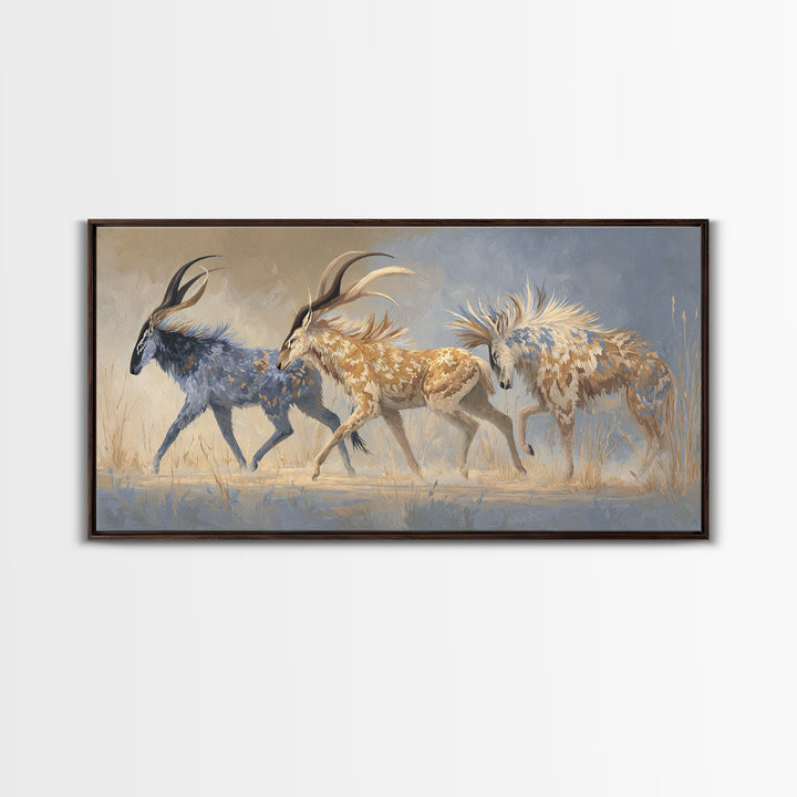 Ancient Cave Art Running Animals Framed Canvas Print, Tribal Art, Gallery Wall Art, Living Room Decor, Watercolor Art, Tribal, TRI-2x1-5