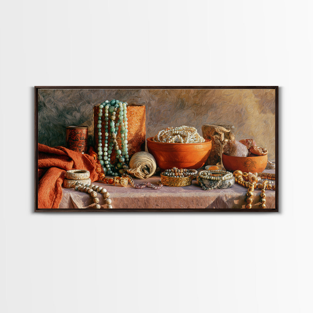 Beaded Jewelry Still Life Canvas Print, Tribal Art, Abstract Wall Art, Living Room Decor, Fine Art, Tribal, Black and White Art, TRI-2x1-54