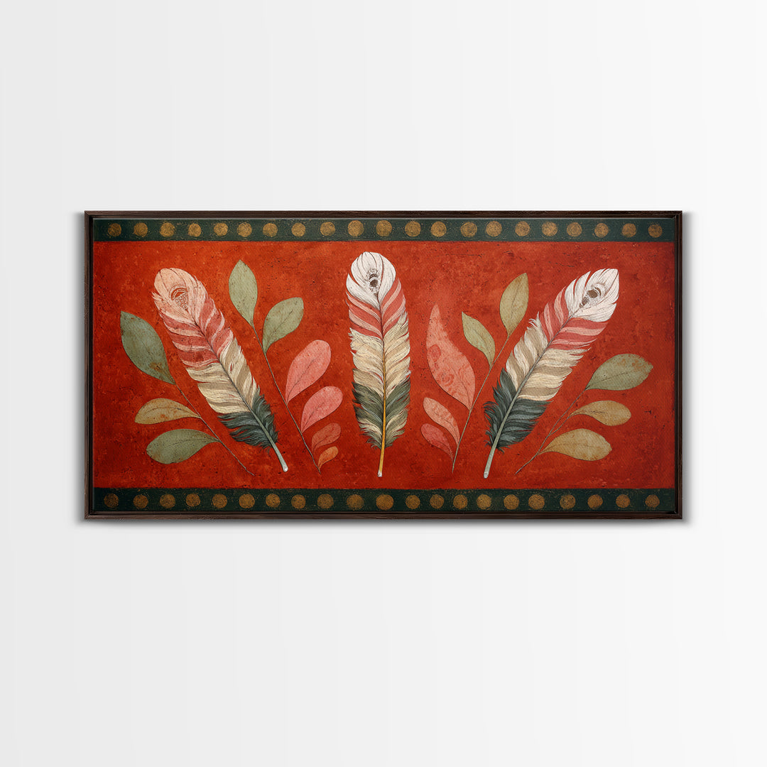 Feather Arrangement with Red Ochre Background Canvas Print, Tribal Art, Black and White Art, Living Room Decor, Tribal, TRI-2x1-63