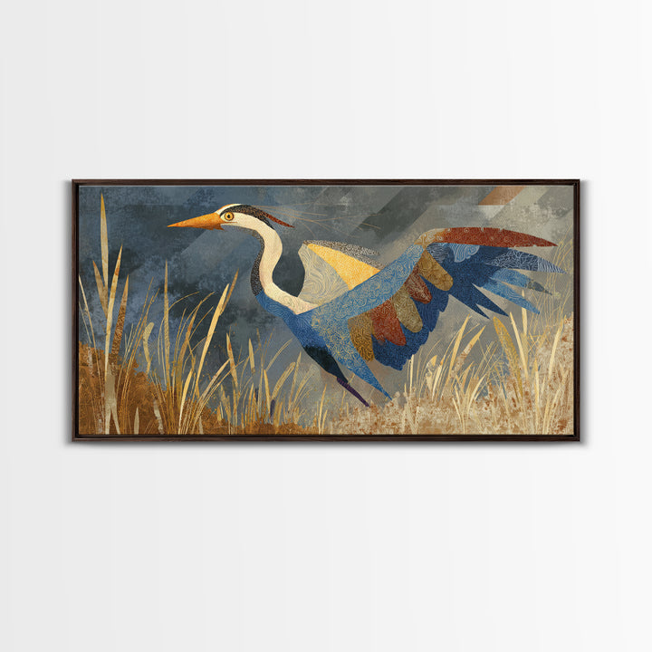 Totemic Bird with Patterned Wings Framed Canvas Print, Tribal Art, Gallery Wall Art, Living Room Decor, Oil Painting, Tribal, TRI-2x1-92